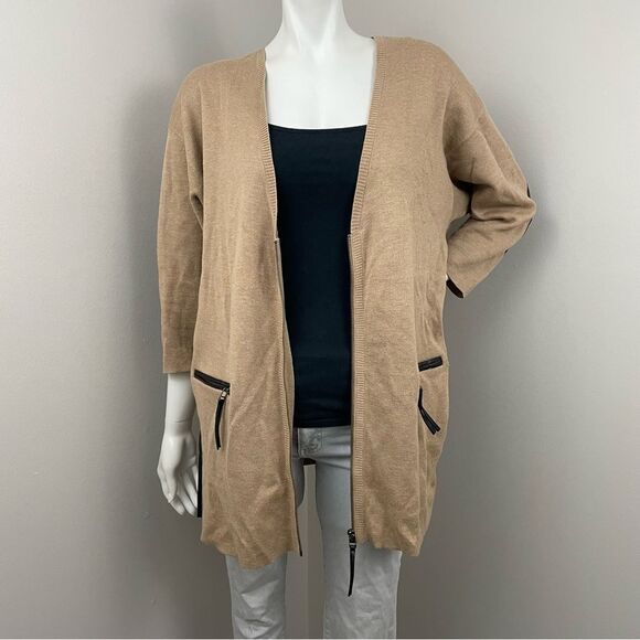 NORDSTROM Camel Tan & Brown Leather Trim Elbow Patch Cardigan Sweater - Picture 4 of 9